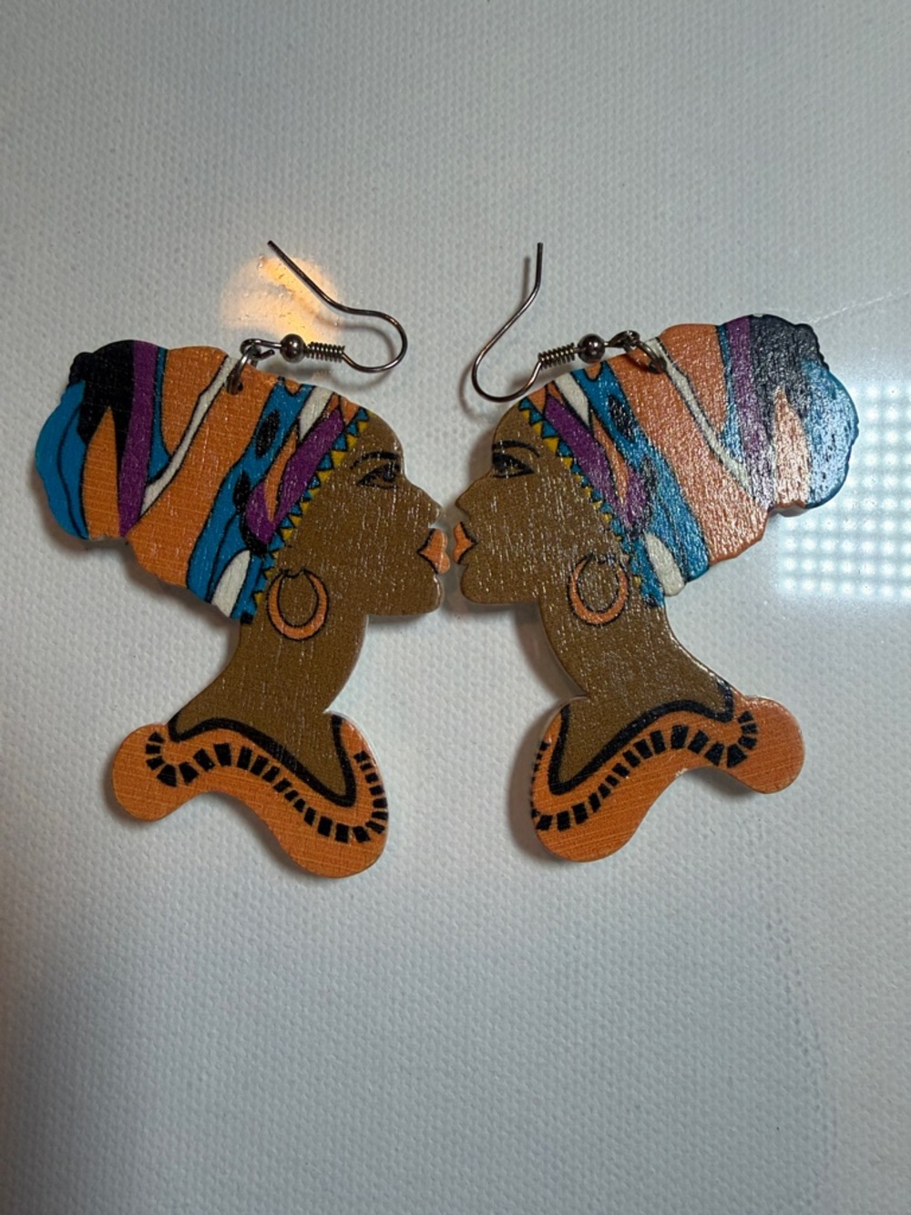 Handmade African Queen Profile Earrings in Brown, Orange w Multicolor Headwrap